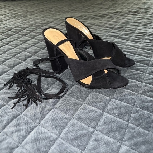 Schutz heels Women 8.5 Shoes Revolve Black Suede Tassel Block Open Toe Strappy - Picture 2 of 14